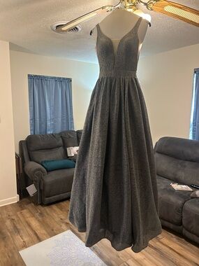 Elegant Metallic Gray Prom Dress with Plunging V-Neck